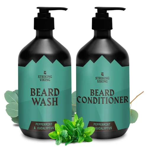 Striking Viking Jabón y acondicionador para barba – 20 onzas líquidas, menta y eucalipto – Limpieza profunda y alivio de picazón Champú y