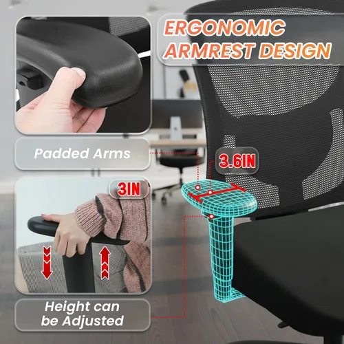 Vista 6 de Silla de escritorio ergonómica, silla de oficina, silla de computadora de 500 libras con soporte lumbar, asiento ancho, brazos ajustables Negro