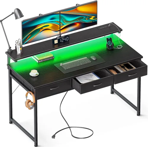 Vista 36 de ODK Escritorio pequeño para computadora de 40 pulgadas con 3 cajones y tomas de corriente USB, escritorios de oficina en casa con luces LED