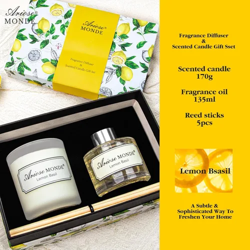 Vista 2 de Juego de difusor de varillas y velas perfumadas, varillas difusoras de aceite de albahaca y limón, difusor de fragancia y velas de cera de soja