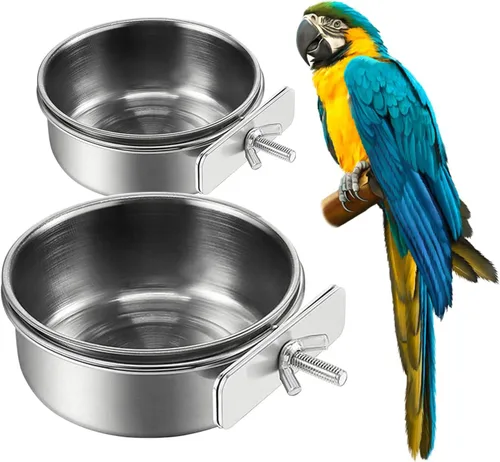 2 cuencos de acero inoxidable para alimentación de pájaros, taza de alimentación de pájaros pequeños, jaula de acero inoxidable para loro con
