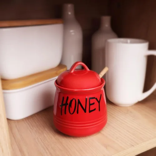 Vista 7 de HAOTOP Tarro de Miel de Porcelana con Tapa y Dipper de Miel 12 oz (Rojo)