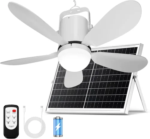 Ventilador de techo solar de 21 pulgadas, luz solar para ventilador de techo al aire libre con control remoto y gancho, ventiladores colgantes