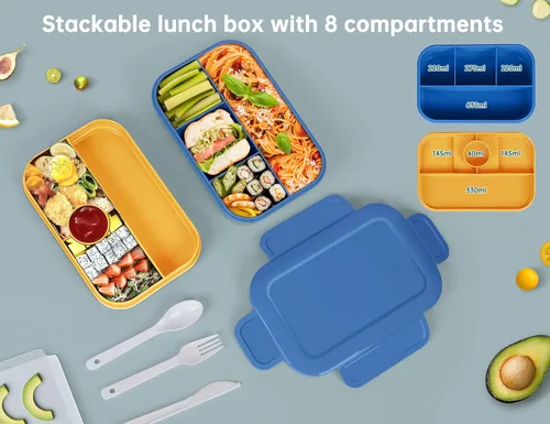 Vista 3 de Bento Box - Lonchera para adultos, 67.6 fl oz, doble capa, 4+4 compartimentos, contenedor Bento con tenedor y cuchara, sin BPA, apto para microondas