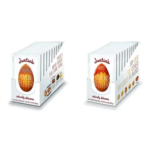Justin's Cinnamon Almond Butter Squeeze Packs, sin gluten, sin OMG, de origen responsable, 1.15 onzas, paquete de 10 y Justin's Maple Almond Butter