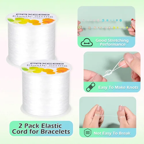 Vista 2 de PAXCOO 2 Rollos de Cuerda Elástica para Pulseras, Cuerda Elástica Mágica para Pulseras, Collares, Cuentas de Arcilla, Cuentas Pony (Blanco)
