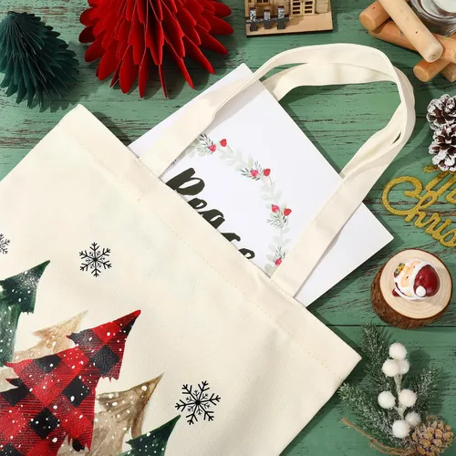 Vista 2 de Whaline 3 bolsas de lona de Navidad a cuadros, árbol de Navidad, camión, muñeco de nieve, bolsa de compras de Navidad para invierno, reutilizable
