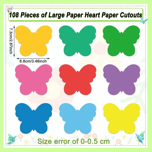 Vista 2 de Geyee 108 piezas de recortes de papel de mariposa para decoración de tablón de anuncios de primavera, calcomanías pequeñas en forma de mariposa