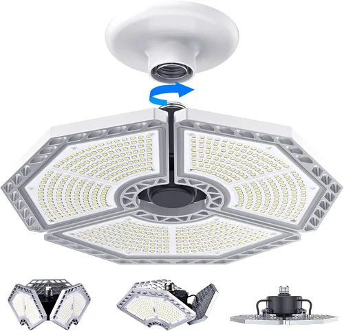 KERNOWO Luces LED de garaje, 140 W, 18500 lúmenes, iluminación de garaje, luz diurna de 6000 K con lámpara de techo de tres paneles deformables