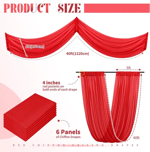 Vista 144 de 6 paneles de cortinas blancas para techo de boda, cortinas de techo de 5 x 10 pies, cortinas de tela transparente para arco de boda, cortinas