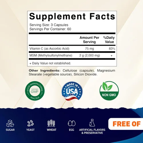 Vista 2 de Vitamatic MSM 2000 mg con vitamina C 75 mg por porción, 180 cápsulas vegetales, ayuda de vitamina C en un mejor absopritón de MSM