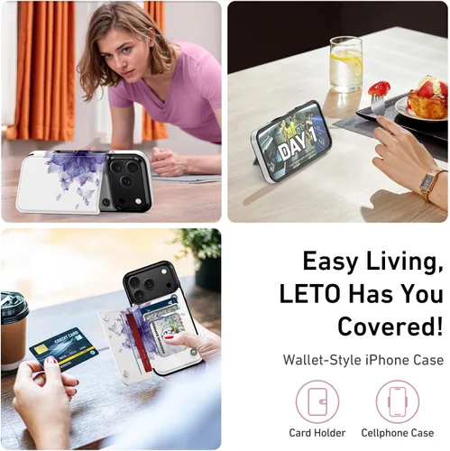 Vista 1323 de LETO para iPhone 15 Pro Funda tipo cartera - Tapa tipo folio con patada - Diseños de moda - Tarjetero - Funda protectora para mujeres y niñas - 6.1