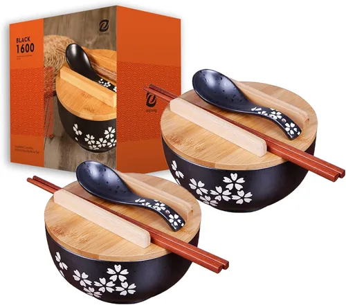 Cuenco de cocina japonesa con tapa tazón de ramen vintage con tapa tazón de fideos instantáneos de cerámica negra tazón de sopa tazón de ensalada
