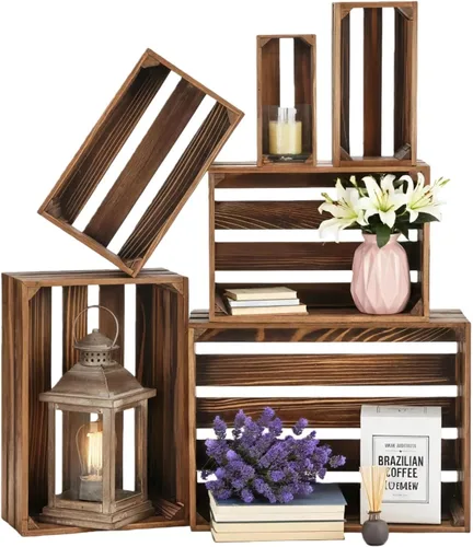 Juego de 6 cajas decorativas de madera para exhibición, 6 tamaños, cestas de madera rústicas con asa para almacenamiento, contenedor, exhibición