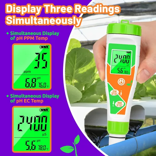 Vista 3 de Medidor de pH para agua hidropónico Nutrient 4 en 1 Digital EC pH TDS Medidor de temperatura para sistema de agua PPM y probador de agua EC
