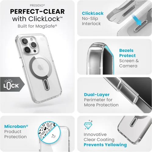 Vista 3 de Speck Funda transparente para iPhone 15 Pro – ClickLock bloqueo antideslizante sin deslizamiento, diseñada para MagSafe, protección contra caídas