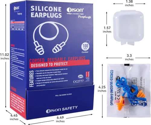 Vista 4 de Dison 100 pares de tapones de silicona, tapones con cable reutilizables de 32 dB para protección auditiva, reducción de ruido para el campo de tiro