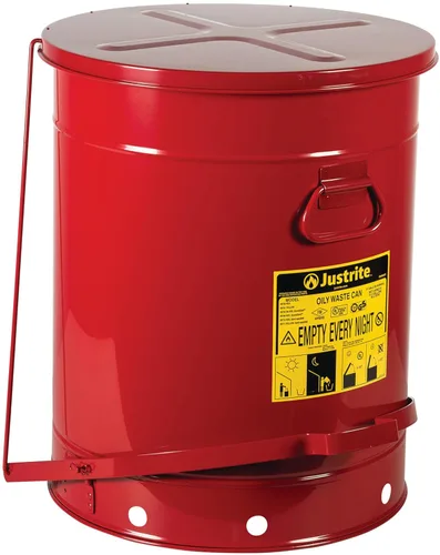 Vista 19 de Justrite Recipiente para desechos aceitosos de acero galvanizado de 10 galones, recipiente de seguridad metálico para trapos con aceite de 18 x 14