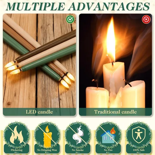 Vista 6 de Baquler 24 velas cónicas sin llama de 11 pulgadas, color rosa y verde, funciona con pilas, velas LED coloridas y parpadeantes de plástico dorado