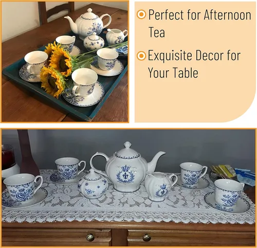 Vista 6 de Juego de té de China de 11 piezas (sueño azul), servicio de té de China, juego de té para adultos, tazas de té, tetera de China, servicio de té