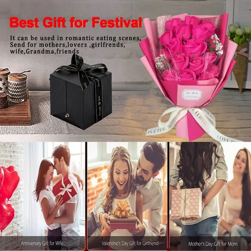 Vista 6 de EIGHTOWN Ramo de rosas artificiales, flores de rosas rojas preservadas con collar de amor para ella, regalos únicos para el día de San Valentín, Día