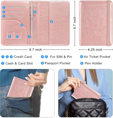 Vista 3 de ACdream Cartera de viaje con bloqueo RFID para pasaporte, funda de piel sintética de alta calidad con soporte para tarjetas, ranura para bolígrafo