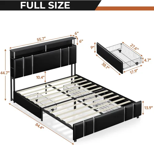 Vista 3 de Base de cama LED de tamaño matrimonial con cabecera de almacenamiento, plataforma completa con estación de carga, cabecera tapizada y estante