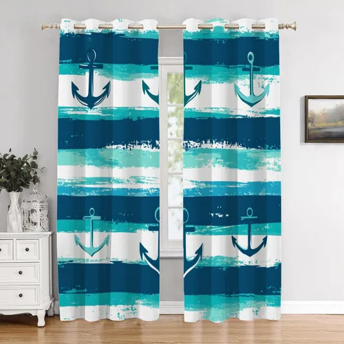 Vista 32 de Maritime Ocean Cafe Curtains,Anchors Nautical Art Blackout Tier Curtain Multilayer Polyester Short Kitchen Drapes 2 Pack 26X24 Inches