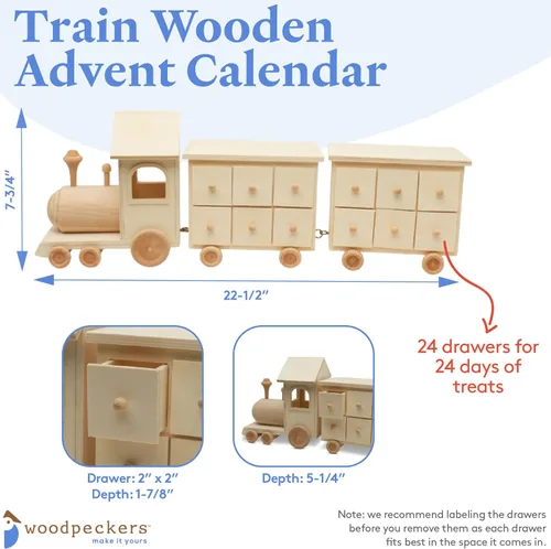 Vista 5 de Calendario de Adviento de madera de tren de 8 x 22 pulgadas, paquete de 1 calendario de Adviento de Navidad sin terminar con 24 cajones vacíos