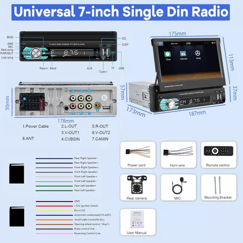Vista 6 de Estéreo de coche con pantalla abatible Single Din con Carplay inalámbrico y Android Auto, pantalla táctil de 7 pulgadas, 1 Din, compatible