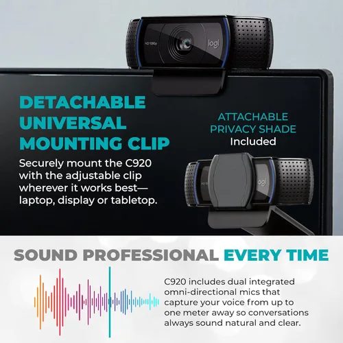Vista 6 de Logitech Webcam C920 HD Pro Bundle con trípode, paño de limpieza para obturador de privacidad, cubierta de privacidad, micrófono de cámara web