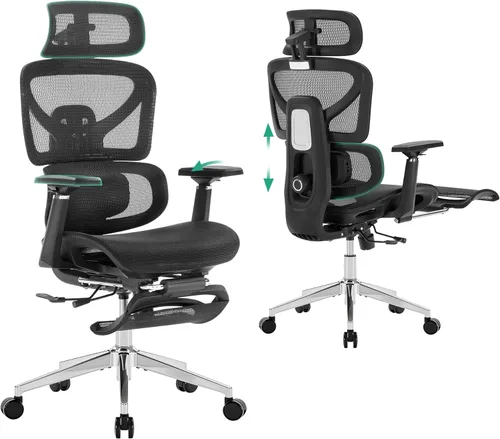 Cozyman Silla de oficina ergonómica con reposapiés, soporte lumbar ajustable de 5 niveles y reclinación de 90-135°, reposacabezas 3D y reposabrazos