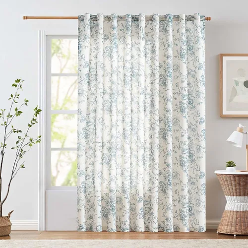 Vista 52 de JINCHAN Cortinas de mezcla de lino con flores para sala de campo francés, cortinas para sala de estar de 84 pulgadas de largo, cortinas impresas