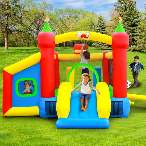 Vista 9 de WELLFUNTIME Casa Inflable para Saltar, Castillo Hinchable con Tobogán y Soplador, Brincolín para Niños con Alberca de Pelotas