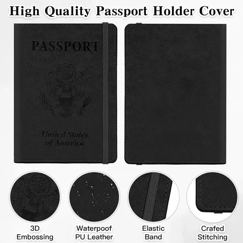 Vista 4 de Soporte para pasaporte para viajes, funda de pasaporte con bloqueo RFID con soporte para bolígrafo, funda de cuero para pasaporte, accesorios