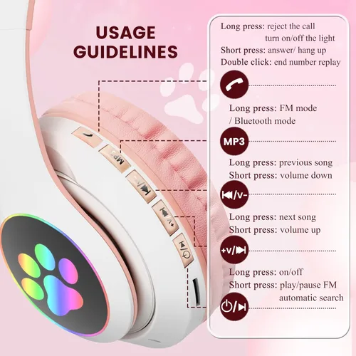 Vista 4 de Auriculares para niños para la escuela, auriculares inalámbricos Bluetooth con micrófono, auriculares de oreja de gato para niñas y niños