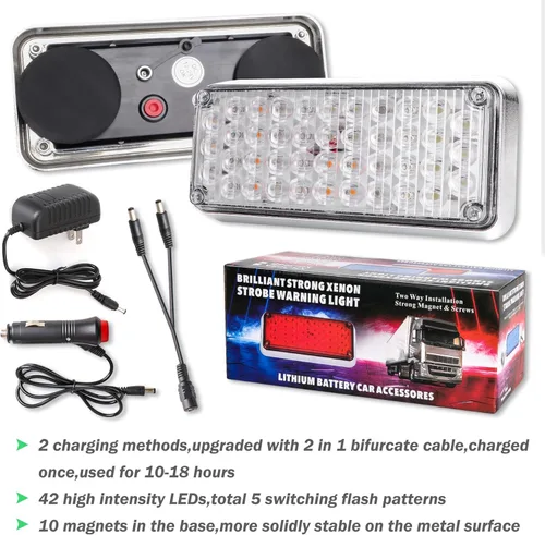 Vista 5 de Actualizado 2 piezas de luces estroboscópicas de peligro intermitentes magnéticas ámbar y blancas para camiones y vehículos, inalámbricas