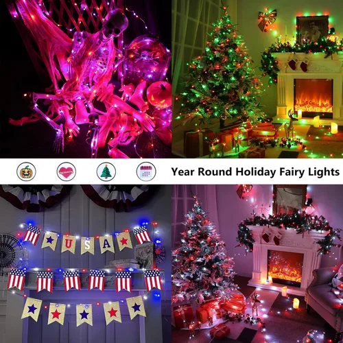 Vista 5 de Brizled - Luces de hadas que cambian de color, 66 pies / 20 metros, 200 luces LED de Navidad con control remoto, luz RGB parpadeante ajustable, luz