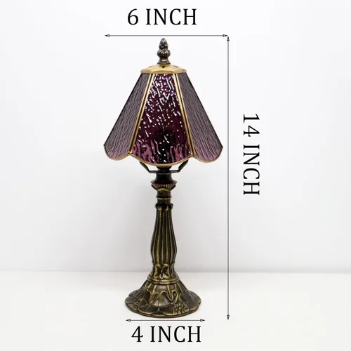 Vista 2 de Small Tiffany Table Lamp Purple Rippled Stained Glass Desk Lamps 6X6X14 Inch Bronze Resin Base Antique Mini Accent Light