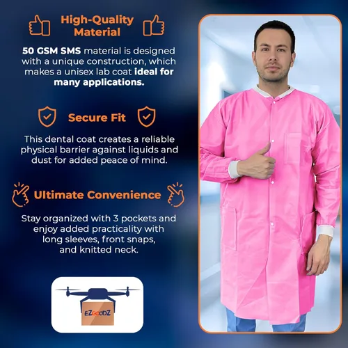 Vista 3 de EZGOODZ Abrigo de laboratorio desechable de 44 pulgadas de largo, grande. Paquete de 50 abrigos de laboratorio desechables SMS rosas para adultos.