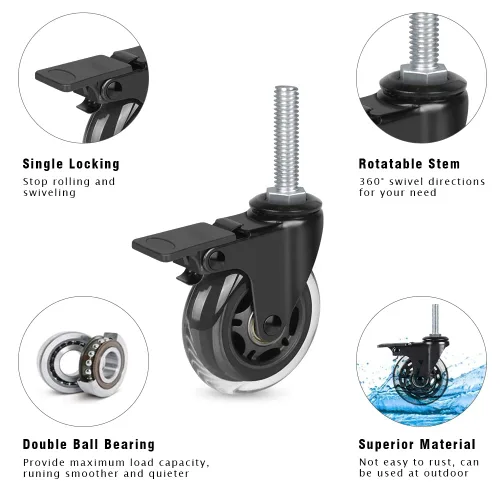 Vista 3 de Hirate Rueda giratoria de repuesto de 3 pulgadas, ruedas industriales de 3/8"-16" x 1.5", ruedas de bloqueo de vástago roscado para muebles