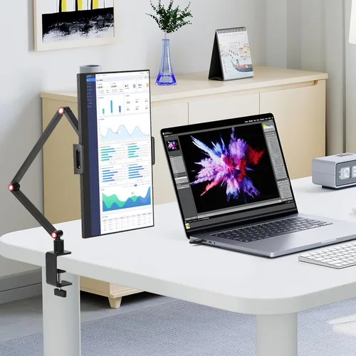 Vista 7 de Soporte para Tableta para iPad, Soporte de Monitor Portátil 15.6'' Máximo, Soporte de Escritorio con Base Giratoria de 360°, Compatible con Teléfono