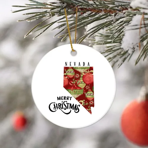 Vista 2 de Flat Circle Ceramic Christmas Ornaments,Merry Christmas US Nevada State Map Ornaments for Christmas Tree Hanging Decorations Funny Holiday Keepsake