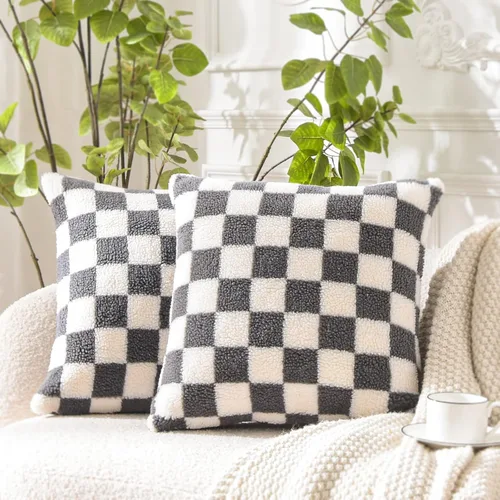 Vista 9 de WACOMECO Fundas de almohada decorativas – Fundas de cojín suaves de Sherpa de piel sintética a cuadros para sofá, dormitorio, sala de estar