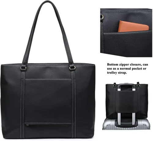 Vista 2 de Bolso de mano de cuero para computadora clásico de 15.6 pulgadas, Notebook, MacBook, bolso de viaje con diseño elegante de correa, Negro