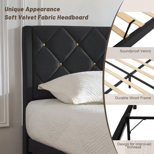 Vista 5 de Base de cama matrimonial con cabecero, marco de cama tamaño matrimonial con soporte de listones de madera resistente, marco de plataforma con Negro