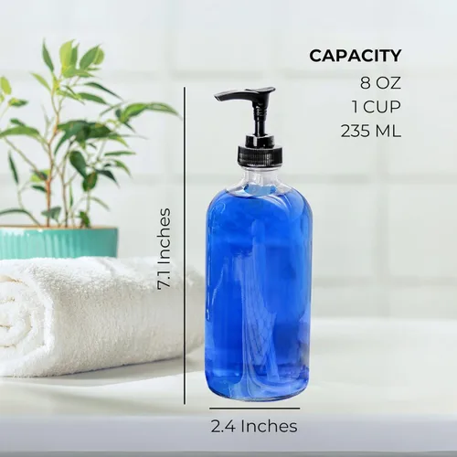 Vista 6 de Botellas surtidoras de vidrio transparente redondas, 8 onzas, ideales para aceites esenciales, lociones, jabón líquido y más (4 unidades)