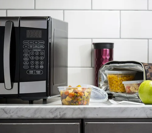 Vista 3 de ELEGANT DISPOSABLES 8 onzas – 24 juegos de recipientes de plástico para almacenamiento de alimentos con tapas flexibles herméticas para microondas