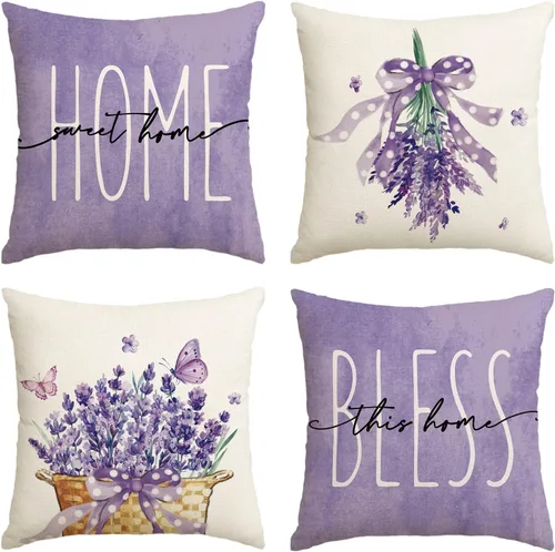 AVOIN colorlife Lavender Bless This Home Sweet Home - Juego de 4 fundas de almohada primaverales, 16 x 16 pulgadas, color morado para sofá