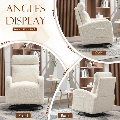 Vista 15 de KINFFICT Silla giratoria moderna, mecedora tapizada para el cuarto del bebé, cómoda silla mecedora con respaldo alto con bolsillo lateral y Gris